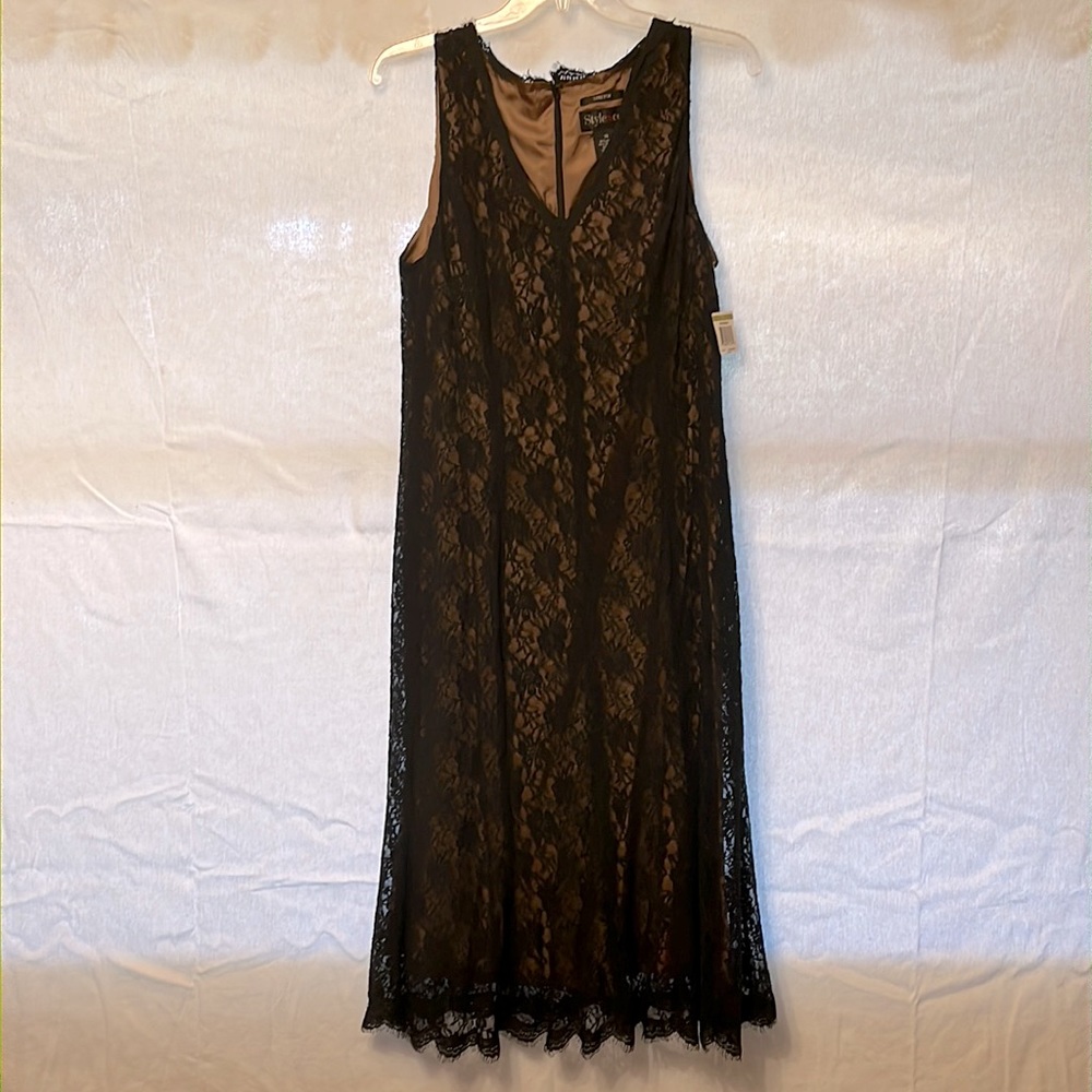 Size 14, black lace over taupe lining - evening wear, mid length
